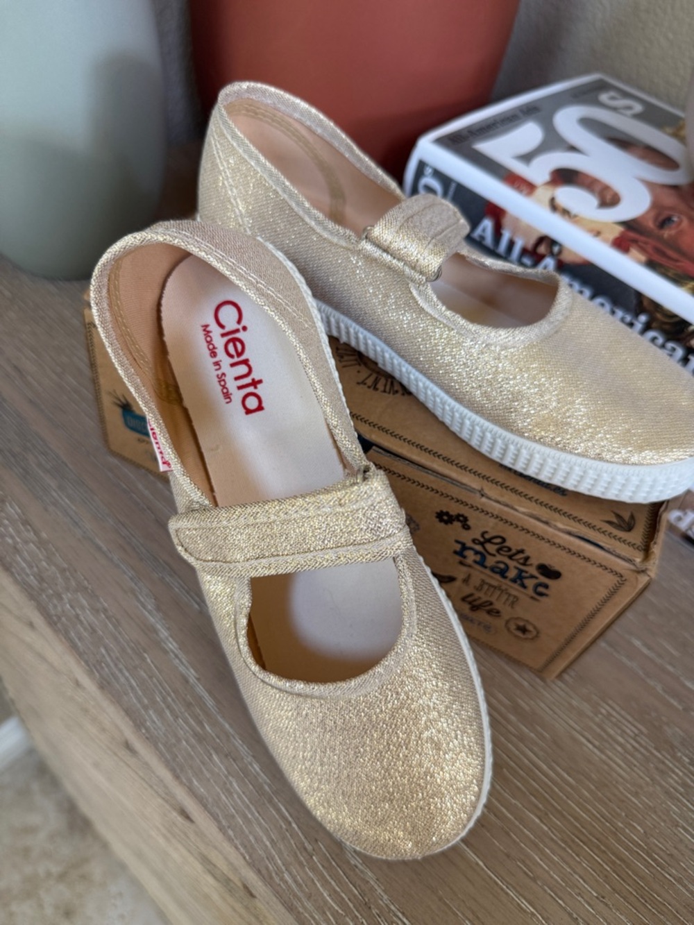 Cienta Metallic Gold Mary Jane Flats